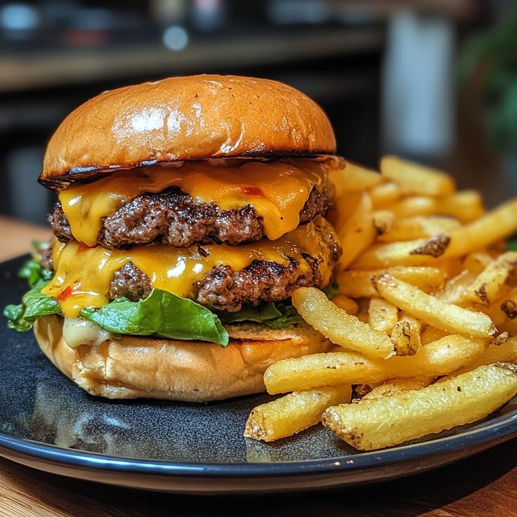 Stacked burgers with fries